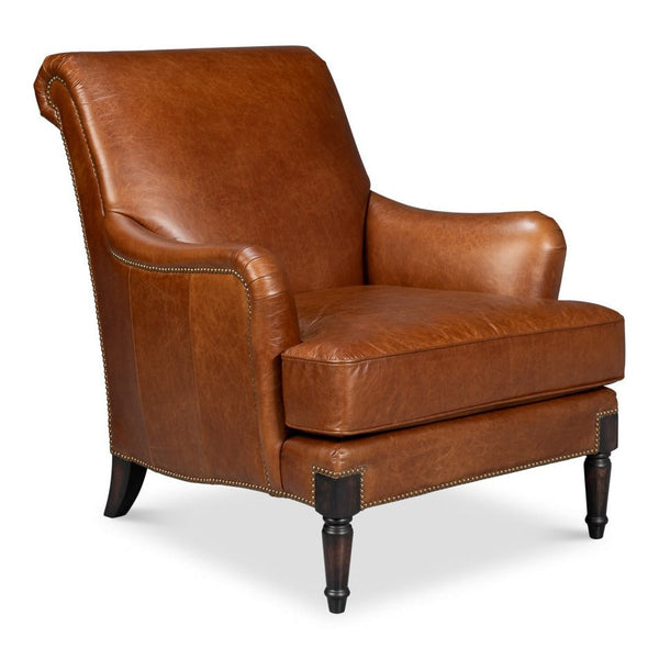 Gaston Distilled Leather and Wood Brown Arm Chair
