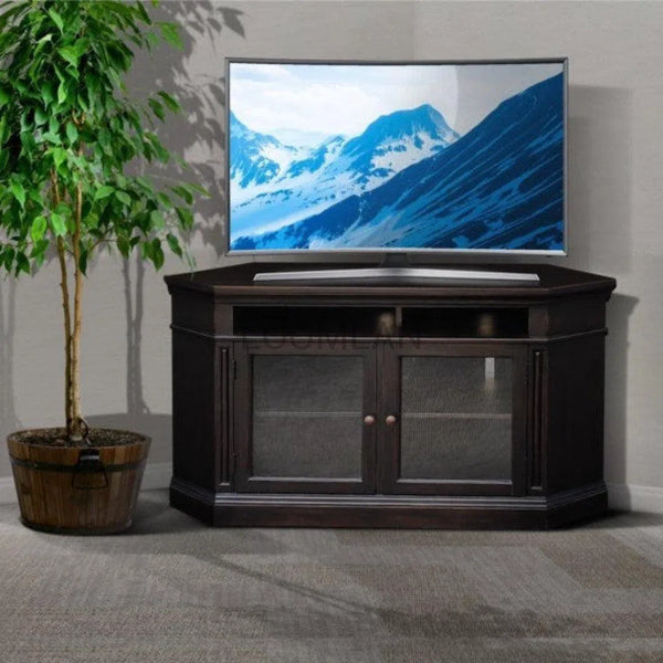 55" Wide Black Wood Corner TV Stand Media Console With Glass Doors TV Stands & Media Centers LOOMLAN By Sunny D