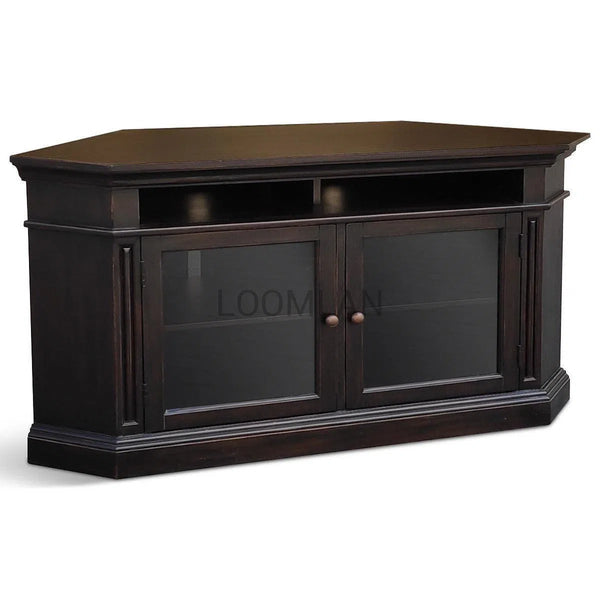 55" Wide Black Wood Corner TV Stand Media Console With Glass Doors TV Stands & Media Centers LOOMLAN By Sunny D