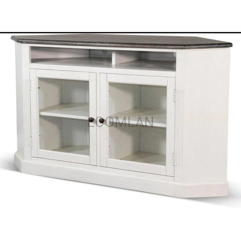 55" Wide White Wood Corner TV Stand Media Console With Glass Doors TV Stands & Media Centers LOOMLAN By Sunny D