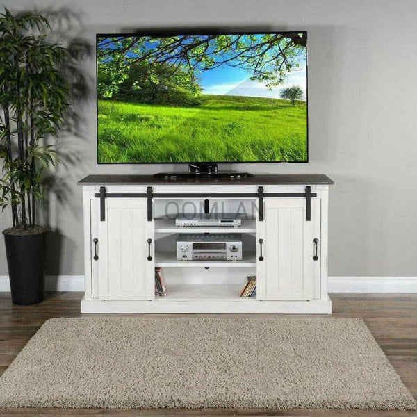 65" White TV Stand Credenza With Sliding Doors White Wash Cabinet TV Stands & Media Centers LOOMLAN By Sunny D