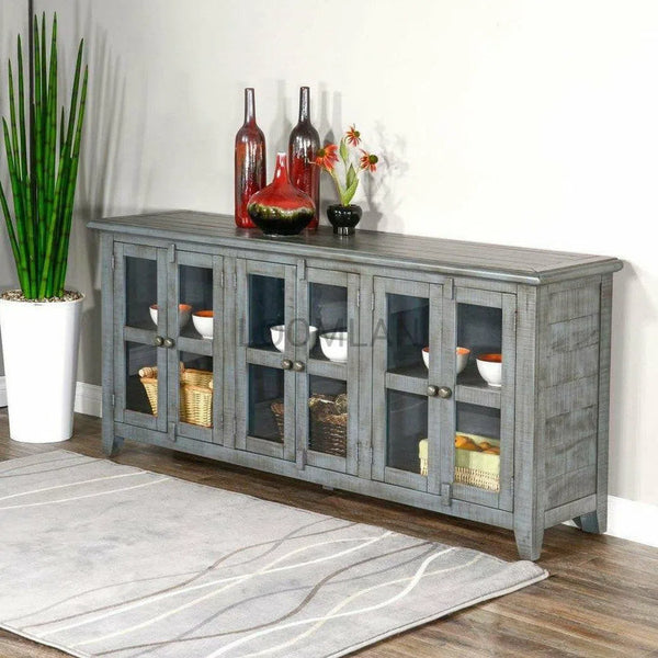 70" Distressed Blue TV Stand With Glass Doors Storage Cabinet TV Stands & Media Centers LOOMLAN By Sunny D