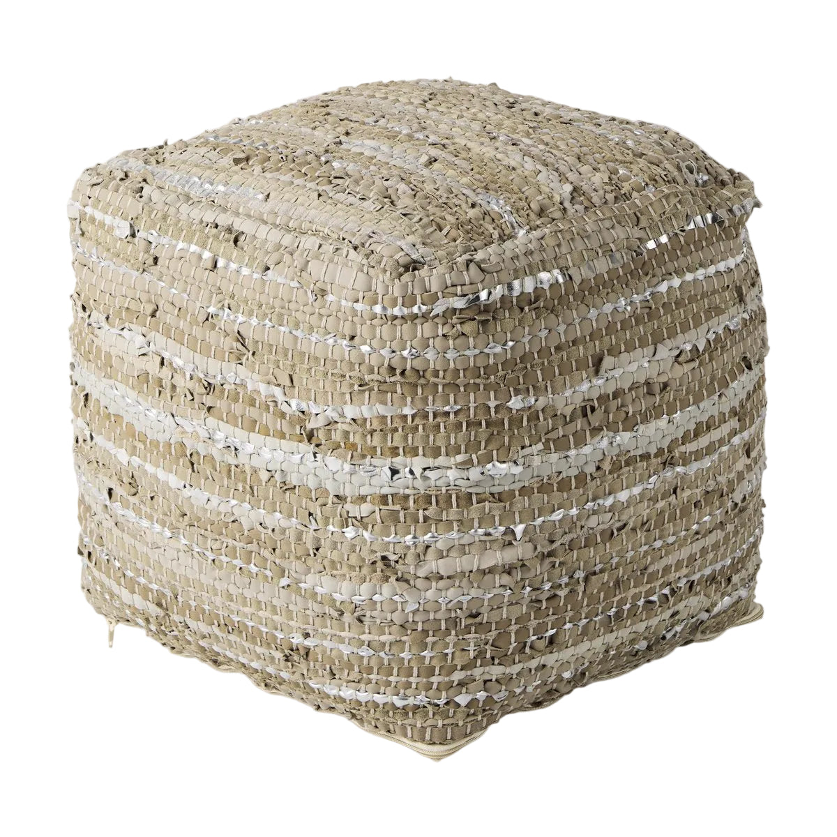 Mercana Aadhya Taupe & Silver Leather / Cotton Square Pouf