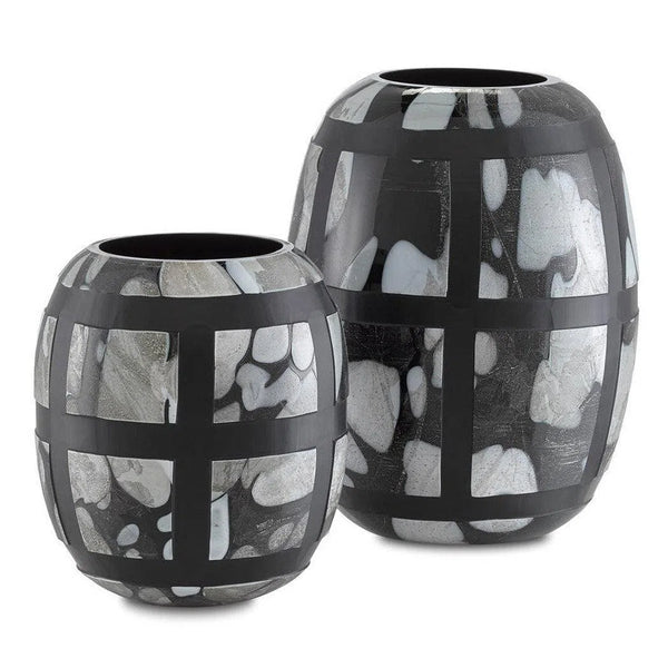 Black Multi Spotted Handcut Schiappa Glass Vases Set of 2 Vases & Jars LOOMLAN By Currey & Co