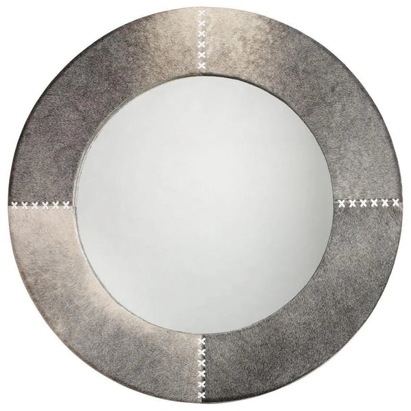 Grey Cowhide Leather Round Cross Stitch Wall Mirror Wall Mirrors LOOMLAN By Jamie Young