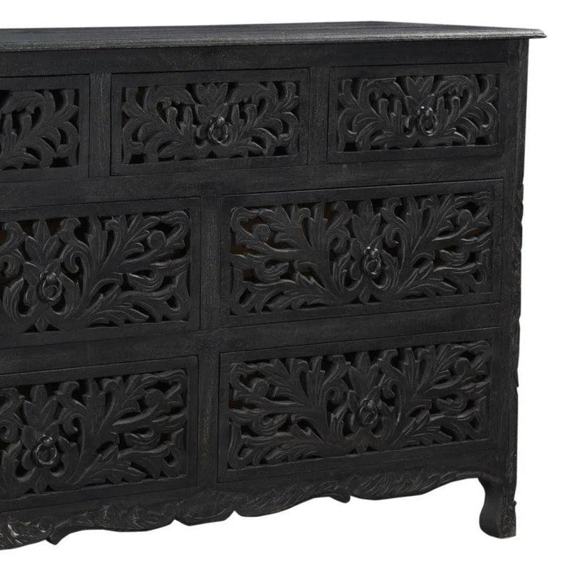 Lawrence 57 inches Floral Carved Dresser in Distressed Black Dressers LOOMLAN By LOOMLAN