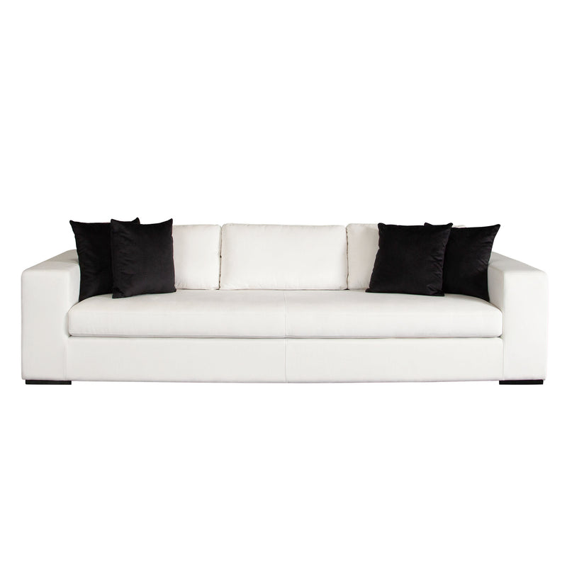 Muse Mist White Performance Fabric Sofa With 4 Black Accent Pillows
