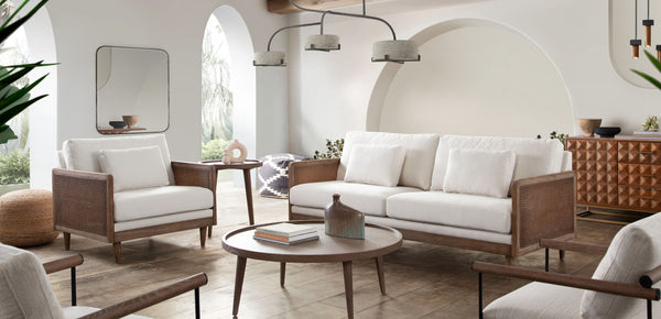 Piper Rattan and White Linen Fabric Sofa