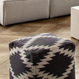 Square White and Grey Patterned Wool Pouf