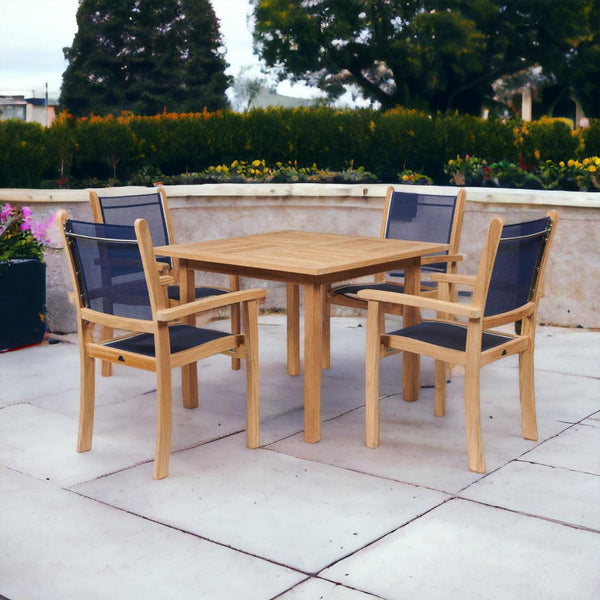 Pearl 5-Piece Square Teak Table Outdoor Dining Set with Stacking Armchairs-Outdoor Dining Sets-HiTeak-LOOMLAN