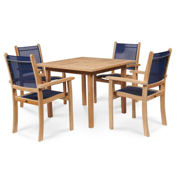 Pearl 5-Piece Square Teak Table Outdoor Dining Set with Stacking Armchairs-Outdoor Dining Sets-HiTeak-Blue-LOOMLAN