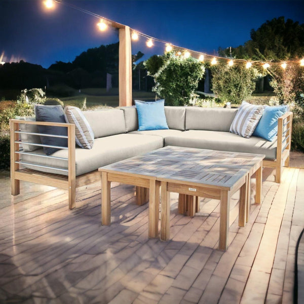 SoHo 7-piece Teak Outdoor Sectional Deep Seating Set with Sunbrella Cushion-Outdoor Sectional Sets-HiTeak-LOOMLAN