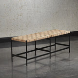 Omari Bench Light Tan Leather Handcrafted With Iron Base