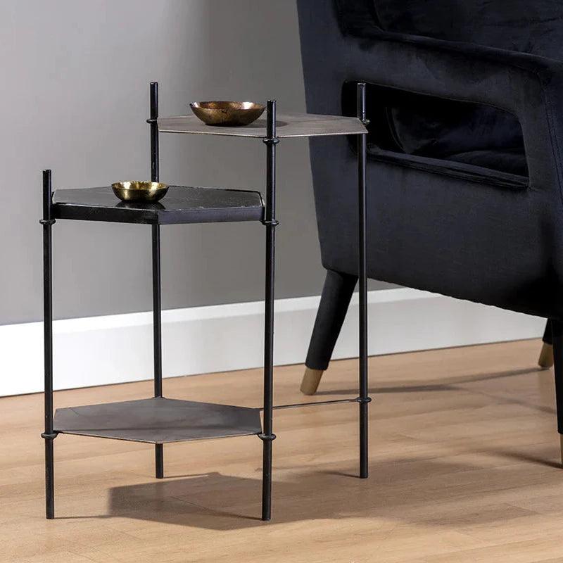 Hexall Side Table With Black Marble And Brass Finish