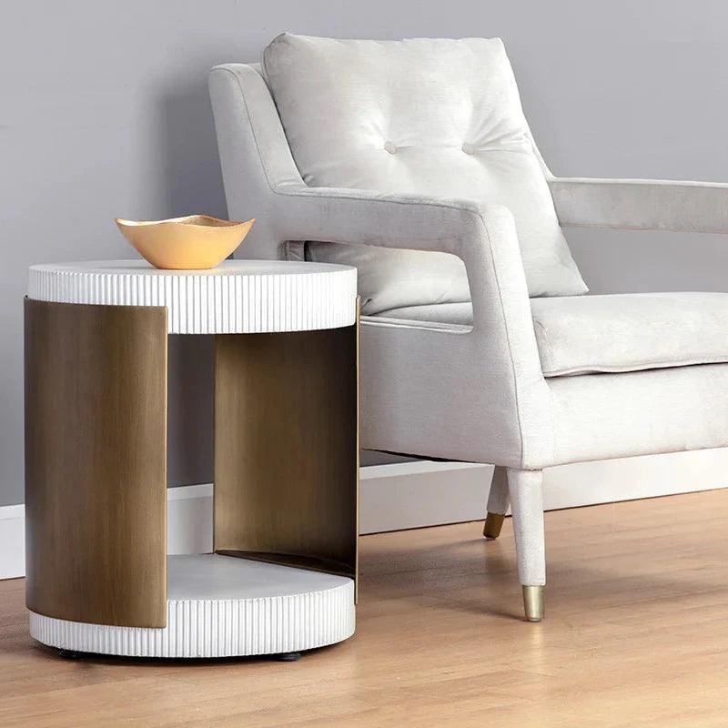 Cavette End Table Modern Concrete White Top Brass Base