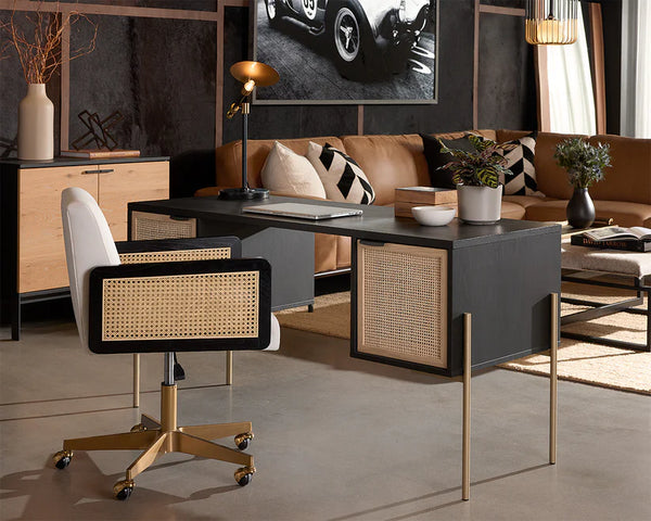 Avida Desk Gold Black Natural - Unique Oak Wood & Rattan