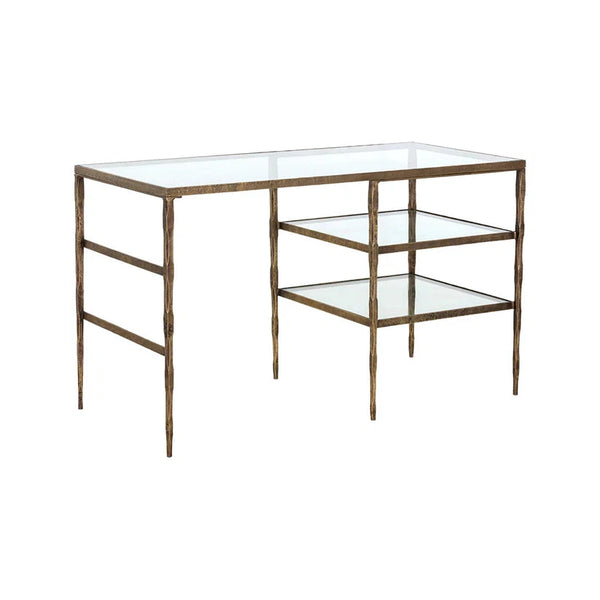 Bruna Desk With Clear Glass Top And Antique Brass Finish