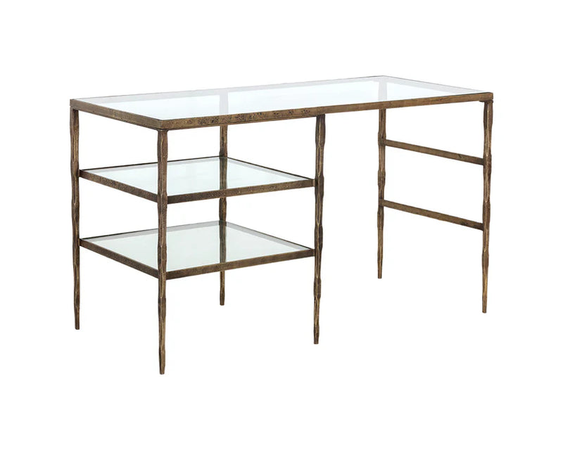 Bruna Desk With Clear Glass Top And Antique Brass Finish