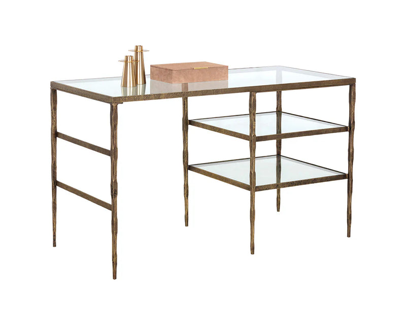 Bruna Desk With Clear Glass Top And Antique Brass Finish