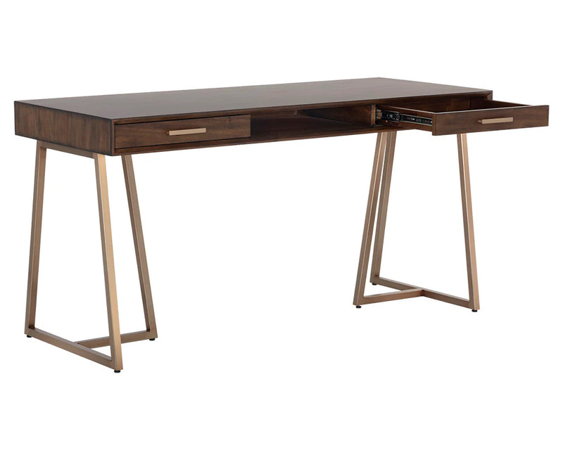 Alma Desk Modern Acacia Wood With Antique Bronze Base