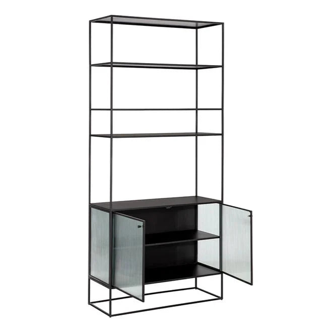 Parsons Bookcase With Fluted Glass Doors And Iron Frame