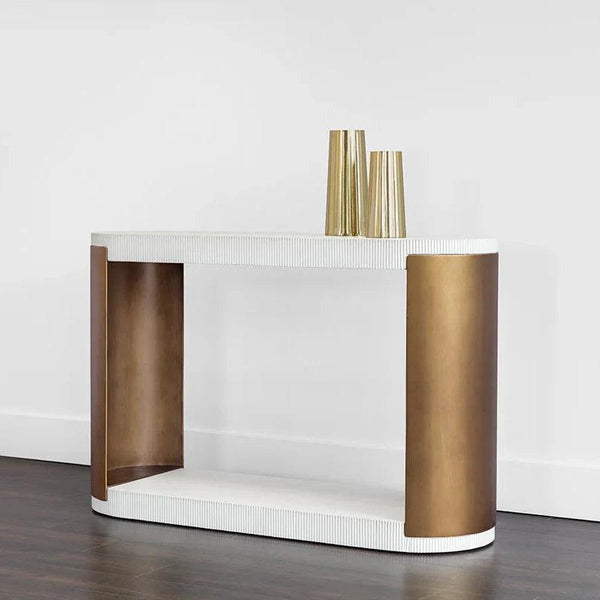 Cavette Console Table Modern White Concrete Brass Steel