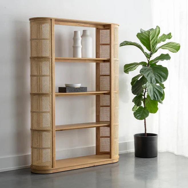 Behati Bookcase Light Wash Rattan Shelves Oak Veneer