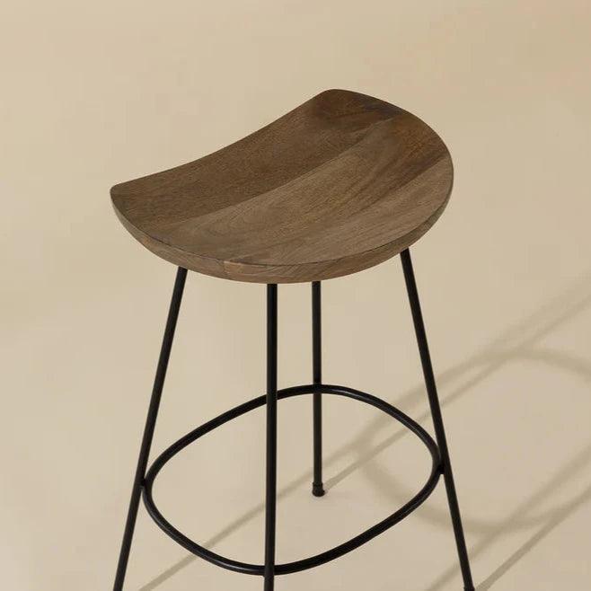 Indra Counter Stool Natural Wood Seat Black Iron Frame