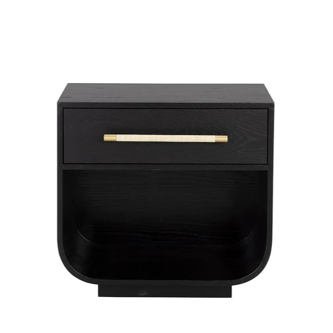 Tarrant Nightstand Modern Black Oak With Raffia Handle