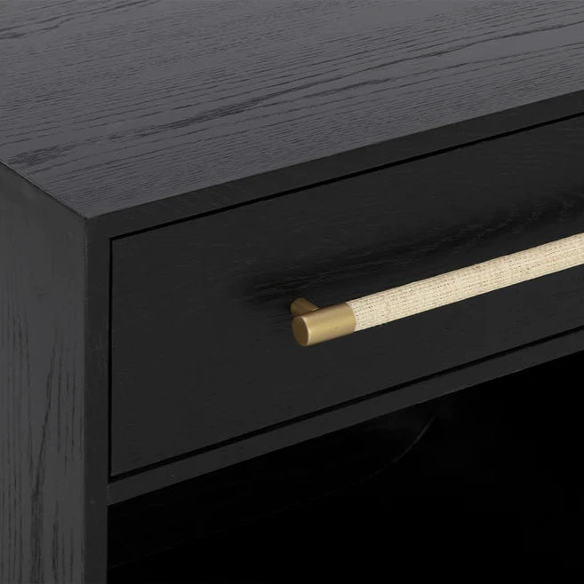 Tarrant Nightstand Modern Black Oak With Raffia Handle