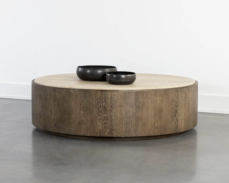 Oberon Wooden Travertine Round Coffee Table