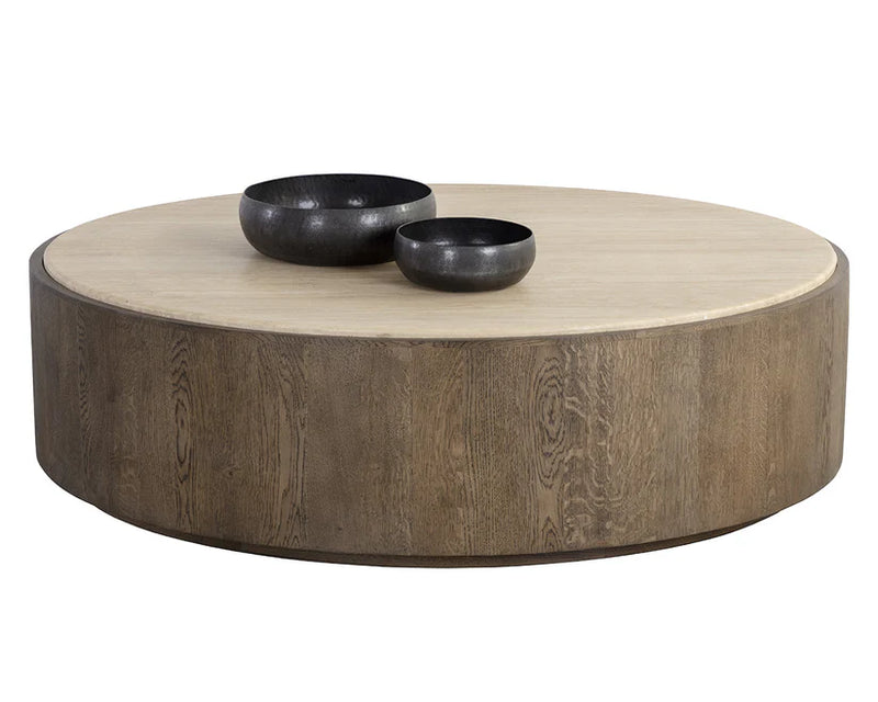 Oberon Wooden Travertine Round Coffee Table