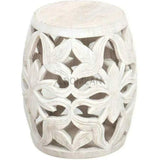 14" Carved Wood White Wash Round Drum Side Accent Table Side Tables LOOMLAN By LOOMLAN