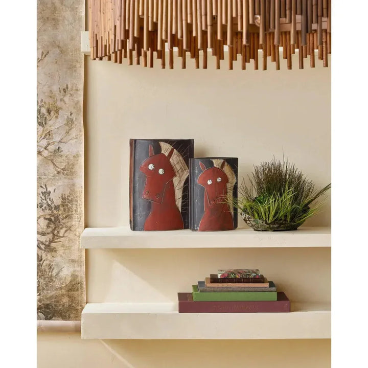 14 in. Artistic Horse Porcelain Red Vase - LOOMLAN - Currey & Co - Vases & Jars