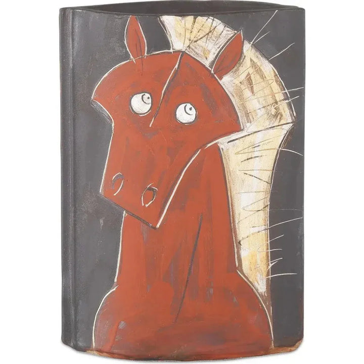 14 in. Artistic Horse Porcelain Red Vase - LOOMLAN - Currey & Co - Vases & Jars