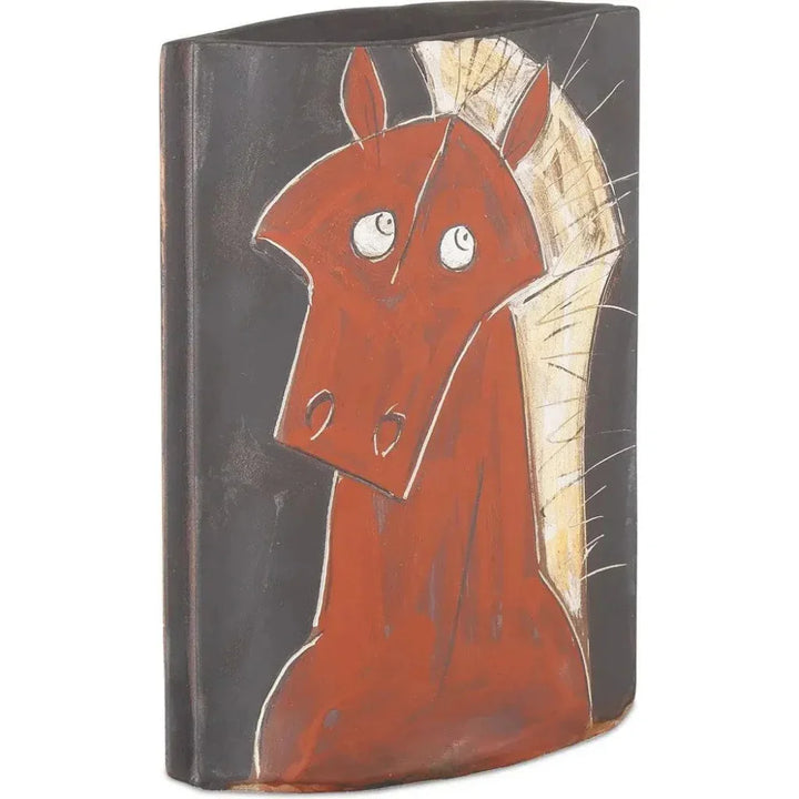 14 in. Artistic Horse Porcelain Red Vase - LOOMLAN - Currey & Co - Vases & Jars