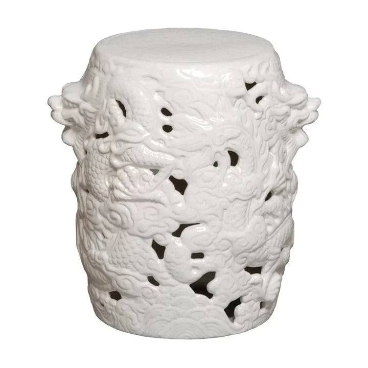 16 in. Dragon White Ceramic Outdoor Garden Stool-Garden Stools-Emissary-LOOMLAN