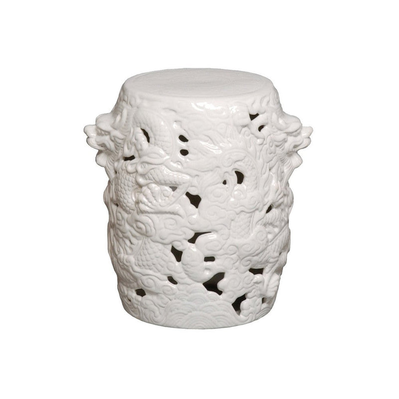 16 in. Dragon White Ceramic Garden Stool Outdoor-Outdoor Stools-Emissary-LOOMLAN