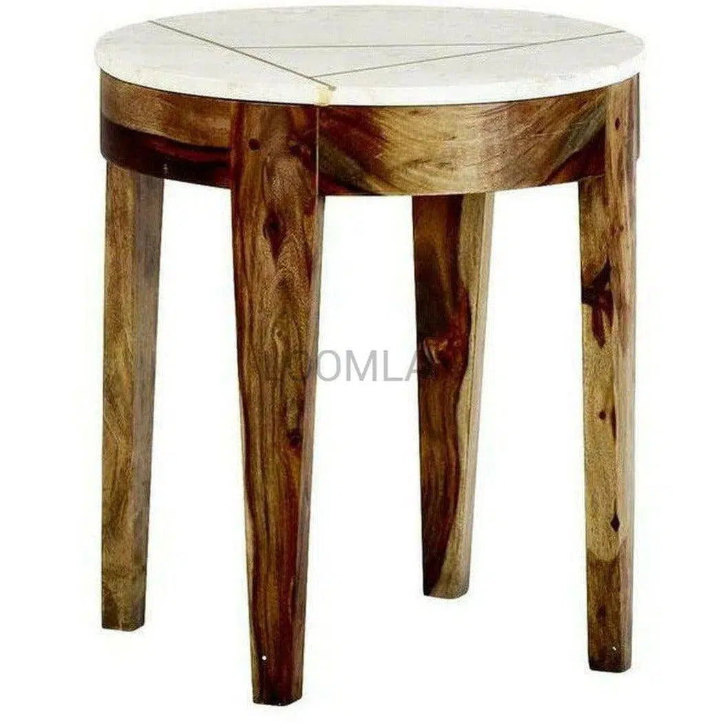 18" Round Wood and Marble Top Side Table