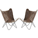 2PC Brown Leather Butterfly Accent Chairs