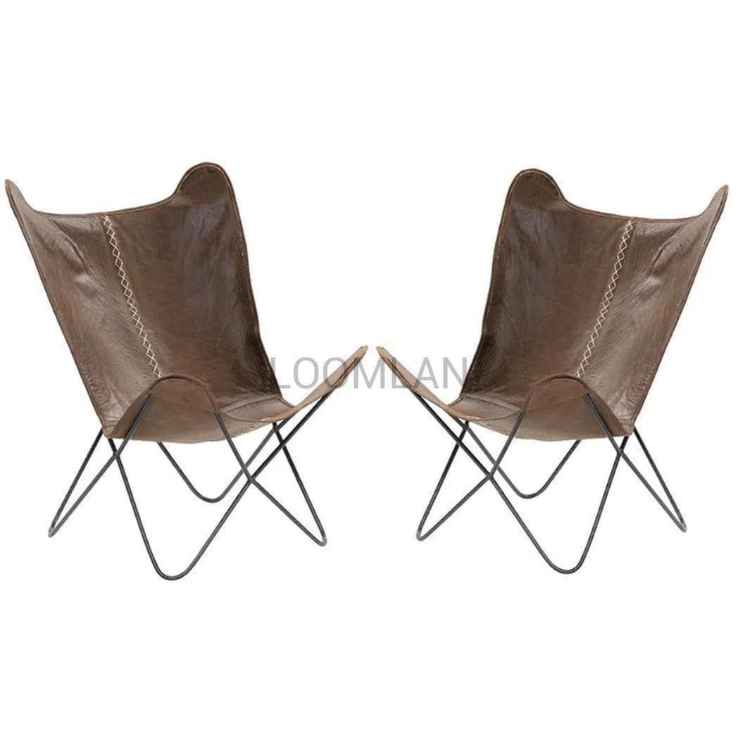 2PC Brown Leather Butterfly Accent Chairs