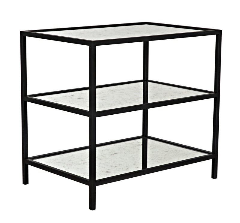 3 Tier Black Steel Rectangle Side Table with Antiqued Mirror-Side Tables-Noir-LOOMLAN