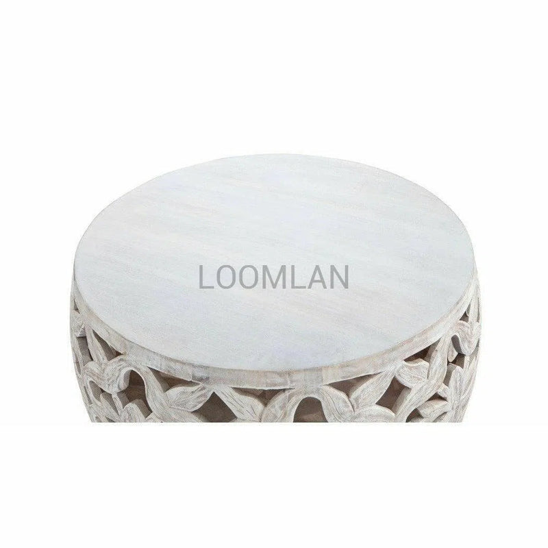 32" White Wash Drum Coffee Table Hand Carved Mango Wood Coffee Tables LOOMLAN By LOOMLAN