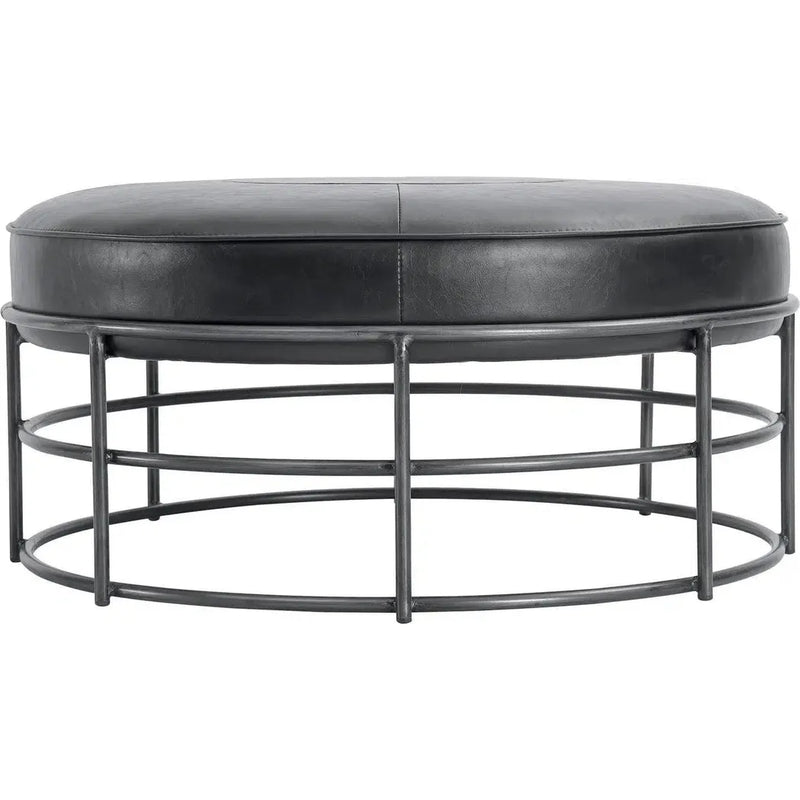 35" Round Black Leather Ottoman Coffee Table