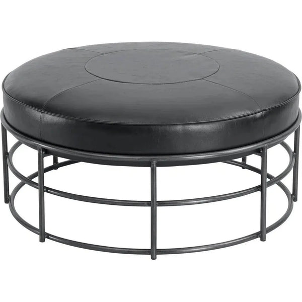 35" Round Black Leather Ottoman Coffee Table