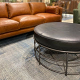 35" Round Black Leather Ottoman Coffee Table Iron Base Industrial Coffee Tables LOOMLAN By LHIMPORTS
