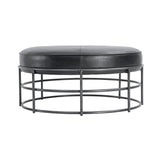 35" Round Black Leather Ottoman Coffee Table Iron Base Industrial Coffee Tables LOOMLAN By LHIMPORTS