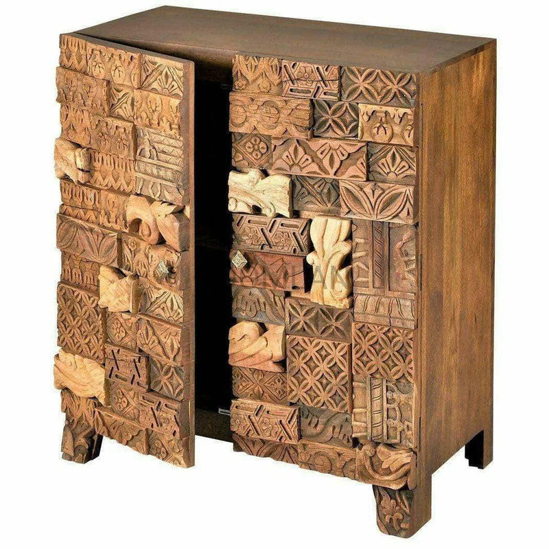 36" Hand Carved Stacked Wood Blocks 2 Doors Accent Cabinet Accent Cabinets LOOMLAN By LOOMLAN