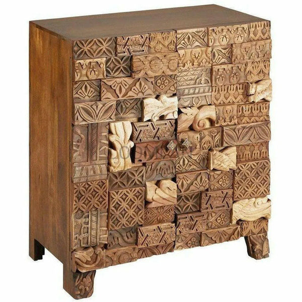 36" Hand Carved Stacked Wood Blocks 2 Doors Accent Cabinet Accent Cabinets LOOMLAN By LOOMLAN