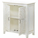 38" White Washed Hand Carved Lace Mandala Design Accent Cabinet Accent Cabinets LOOMLAN By LOOMLAN